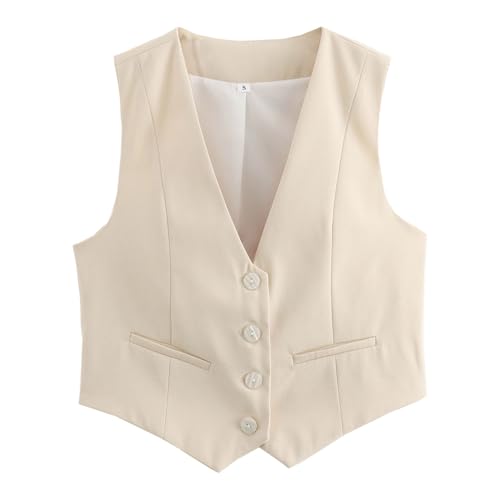 Chaleco de traje corto para mujer, cuello elegante, chaqueta con botones y bolsillos en el interior, beige, S