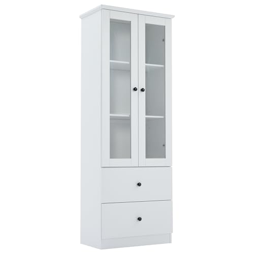 Vitrina moderna de luz blanca mate, altura 165 cm, con puerto USB, mando a distancia de 16 colores, vitrina de cristal con 2 cajones, vitrina vertical con estantes ajustables, vitrina con puertas