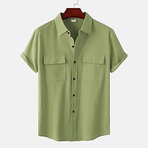 Chemise hawaïenne en coton et lin vert pour hauts décontractés de plage