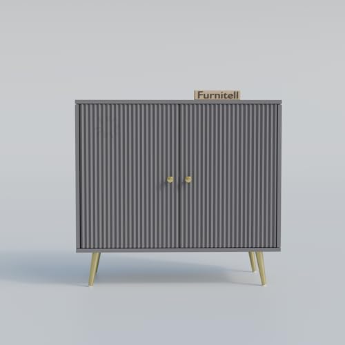 Image of Wooden Storage Cabinet for Living Room & Bedroom | Fluted Design Sideboard with 2 Doors | Multipurpose Organizer for Entryway | HDMR Premium Wood | Gold Metal Legs | Grey
