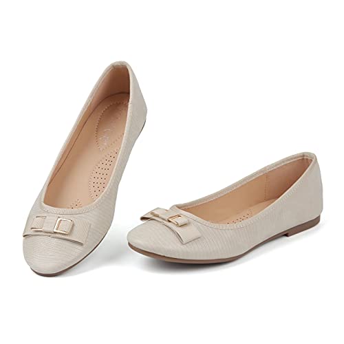 Samilor Women's Flats Dressy Bow Flats Shoes Women Comfortable Ballet Flats for Women Slip On Dress Shoes for Women Beige 9