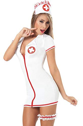 Preisvergleich Produktbild Sereney Damen Spitze Krankenschwester Kostüm Babydoll Neckholder Rückenfreies Cosplay Dienstmädchen Nachtkleid Durchsichtig Dienstmädchen Kleid Negligee Nachthemd EU 32-36