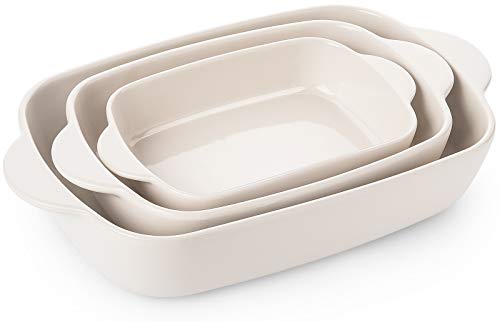 Krokori Baking Dishes, Rectangular Ceramic Baking Pans Set Lasagna Pans Bakeware Set for Oven for Cooking, Lasagna, Dinner, Cake, Banquet and Daily Use - 3PCS (11 X 7.5 inches, Beige)