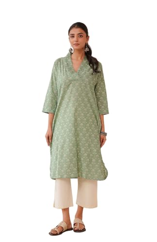 Image of GOODHAND Women Cotton Block Printed Kurta, Straight Fit Ethnic Kurti for Daily,Office & Casual Use
