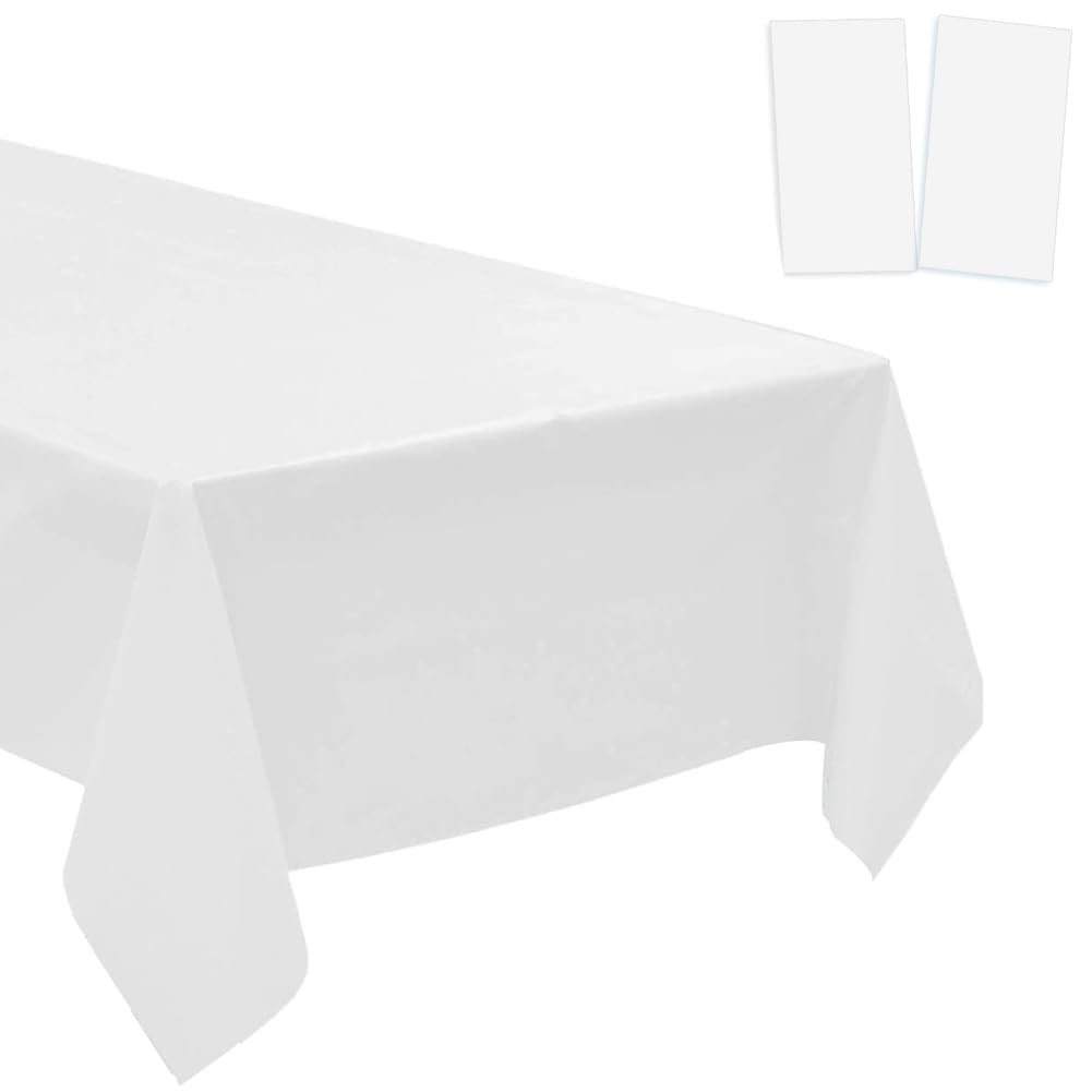 2 Pack Plastic Tablecloths Disposable Table Covers Plastic Table Cloths for BBQ Picnic Birthday Wedding Parties Waterproof and Oil-proof Table Cloth Light Weight Thin White TableCover 54 x 108 In