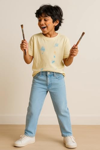 Image of Tales & Stories Boys Slim Fit Denim Jeans | 5-Pocket Stylish Mid-Rise Pants| Durable Cotton Denim Lycra with Button Closure | Casual Wear