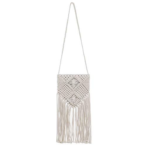 Women's Crochet Crossbody Bag Hand-Woven Boho Long Tassels Summer Beach Cotton Messenger Shoulder Bag with Zipper (White)