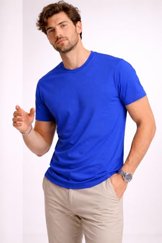 Image of Mens T Shirt Premium Cotton Slim Fit Crew Neck Short Sleeve Casual Basic Tee Soft Breathable Everyday Essential