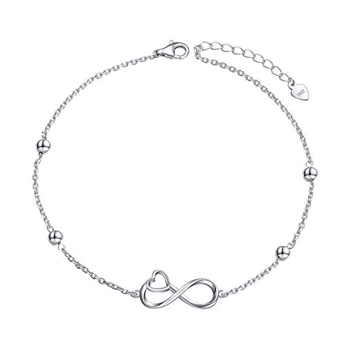 S925 Sterling Silver Adjustable Foot Chain Boho Beach Jewelry Love Ankle Bracelet Heart Infinity Anklets for Women Ladies Teen Girls Gifts
