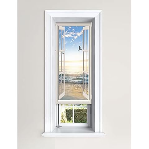 Lister Cartwright Blackout Roller Blinds Window Beach View Scenic Windows Blind Easy Fit Child Safety Included(Cream, 60 cm Width x 140 cm Drop) Cover