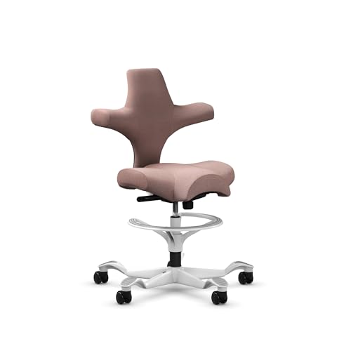 Image of HAG Capisco Sit to Stand Chair-White Frame-Upholstered Pink Blush-with Foot Ring