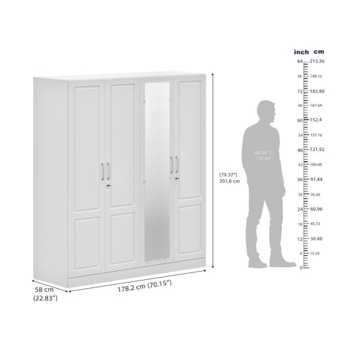 Image of Wakefit Tyrian Plus 4 Door with 4 Shelves 2 Drawers 2 Hanging Areas 1 Mirror SH1-Carcass: Frosty White Shutter: White