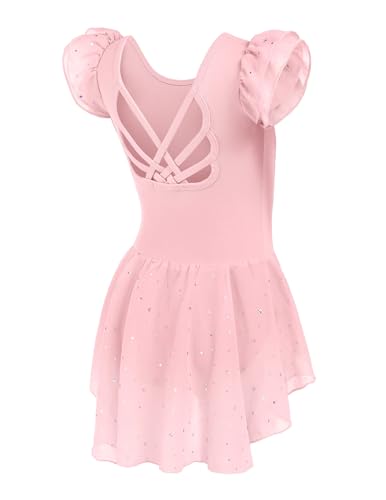 Image of Arshiner Girls Shiny Ruffle Sleeve Ballet Leotard with Skirt Criss-Cross Back Dance Dresses