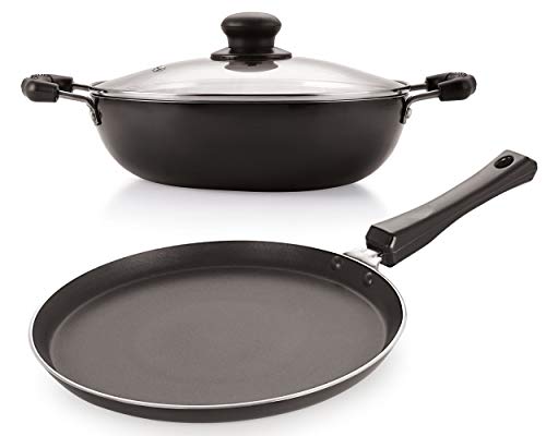 Image of NIRLON 3 Layer Nonstick Coating Heat Resistant Induction Base Flat Tawa 28 cm /Deep Kadhai 26 cm with Glass Lid