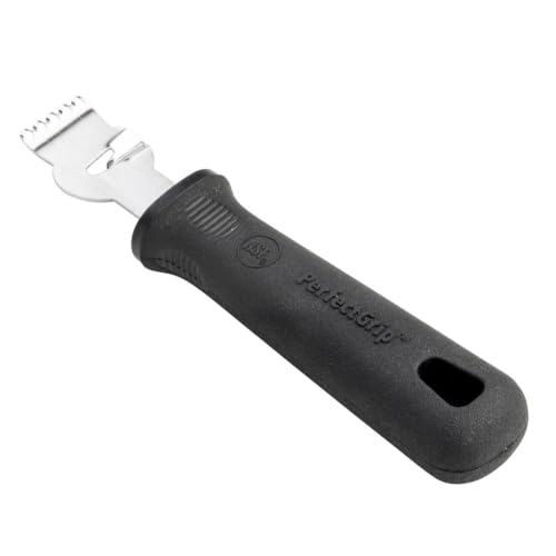 Tablecraft Stainless Steel Handheld Peeler, Zester for Lemon, Oranges, Ginger, Chocolate, Cheese, and Nutmeg, Rubber Handle, Commercial Foodservice Restaurant Use, 5.7" Long, Silver and Black