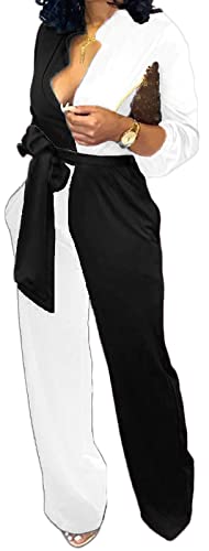 CuteCherry Jumpsuits for Women Elegant V Neck Long Sleeve Sexy Button Down Casual Black White Floral Print Straight Long Pants Rompers with Pockets