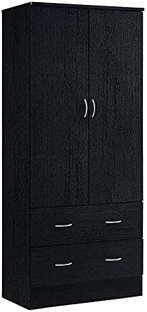 HODEDAH IMPORT Two Door Wardrobe, with Two Drawers, and Hanging Rod, Black