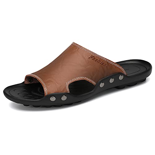 Dannto Mens Slides Sandals Open Toe Genuine Leather Casual Beach Summer Slippers Fashion Outdoor Aqua Flip Flops Shoes Brown Size 7.5