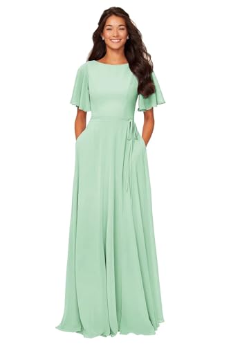 Image of petyoo Chiffon Flutter Sleeve Bridesmaid Dresses with Pockets Sash Long A Line Formal Dress