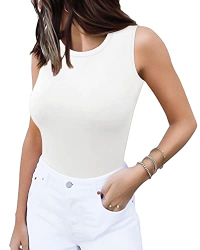 MANGOPOP Débardeur sans manches à col rond pour femme, Col rond blanc, Medium Cover