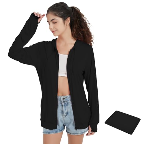 QBK Light Weight Zip Up Hoodie Thin Summer Jacket For Women(Black L)