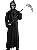 YEJINCUN Grim Reaper Costume Adult Scary Skeleton Skull Mask Gloves Halloween Ghost Costumes for Men Adults (L)