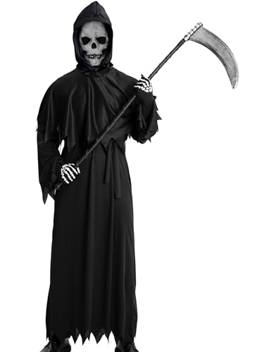 YEJINCUN Grim Reaper Costume Adult Scary Skeleton Skull Mask Gloves