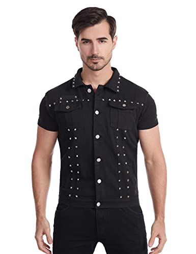Image of Men's Punk Rock Sleeveless Denim Jean Vest Jacket With Rivets
