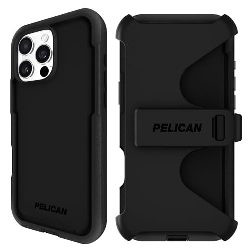 Pelican Voyager iPhone 16 Pro Max Case [Compatible with MagSafe] Rugged Phone Case w/ 18ft Military-Grade Drop Protection - Heavy Duty Phone Cover w/Belt Clip Holster for iPhone 16 Pro Max - Black