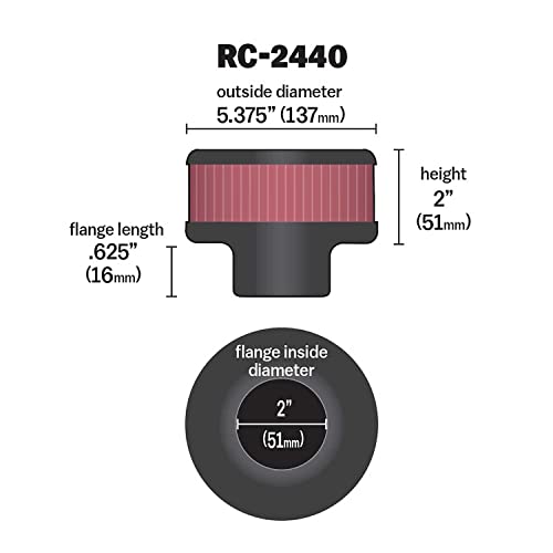 Image of K&N High-Flow Original Lifetime Universal Clamp-On Air Filter: High Performance, Premium, Washable: Flange Diameter: 2 In, Filter Height: 2 In, Flange Length: 0.625 In, Shape: Round, RC-2440