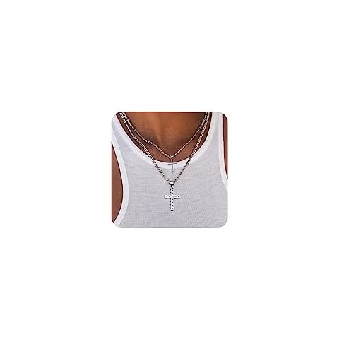 FUNEIA Silver Layered Stainless Steel Cross Necklace for Men Cuban Link Chain Box Chain Rope Chain Choker Necklace Bling CZ Cubic Zirconia Diamond Cross Black Cross Nail Cross Pendant Necklace Jewelry Cover