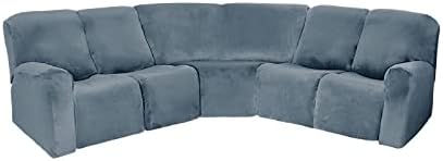 MINGPINHUIUS 7 Piece Velvet Stretch Recliner Corner Sofa Cover L Shape Sectional Couch Covers Soft Elastic Sofa Slipcover Furniture Protector for Living Room (Grey Blue, 5 Seat Recliner Cover)