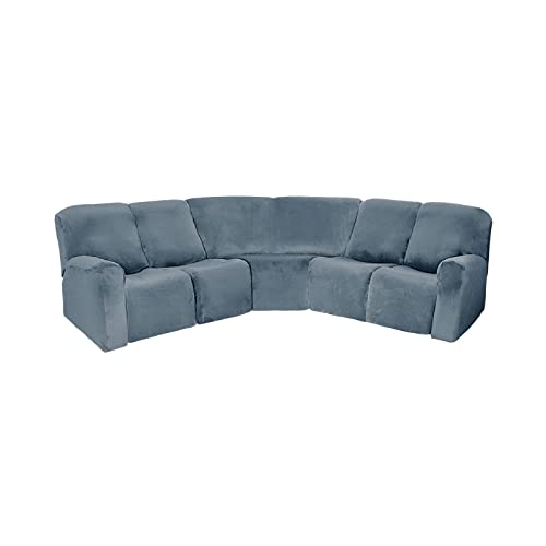 Mingpinhuius 7 Piece Velvet Stretch Recliner Corner Sofa Cover L Shape Sectional Couch Covers Soft Elastic Sofa Slipcover Furniture Protector For Living Room (Grey Blue, 5 Seat Recliner Cover) #TOP1
