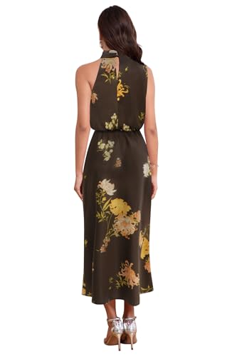 Image of Women's Satin Maxi Dress Summer Formal Wedding Guest Cocktail Dress | Mock Neck Sleeveless,Elegant Silk Midi Long Dress,High Neck,Halter,Aline,Bridesmaid,Bridal Shower Guest,Garden Party,Dinner