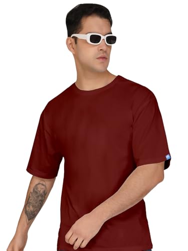 Image of crazymonk Oversized Baggy Fit Drop Shoulder Half Sleeves Round Neck Solid Pure Cotton T-Shirt for Men