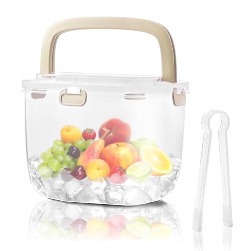 Yallmie Ice Bucket,6.7L Ice Buckets for Parties with Lid,Clear Ice Bucket for Freezer for Outdoor Camping Plastic Refrigerator Ice Cube Trays Storage Bin for Whiskey Wine Cocktail Party (Beige)