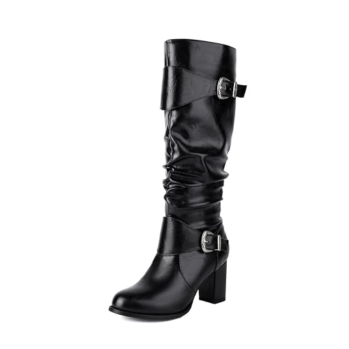 UP2STEP Women Knee High Round Toe Sexy Chunky High Heels Long Boots Fashion Buckle Side Zipper Dress Boots