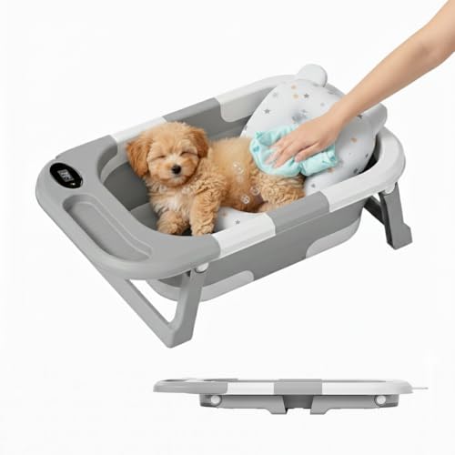 Image of minandhua Dog Bath Tub with Water Drain Plug Portable Collapsible Bathtub for Dog Bathing and Washing Foldable Dog Bath Space Saving Design for Small Medium Pets and Cats Gray