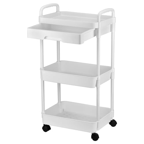 DUOJIN 3 Tier Plastic Rolling Utility Cart with Handle, Multi-Functional Storage Trolley with Mesh Baskets and Lockable Wheels for Bathroom Kitchen Office Classroom (White) - Image 3