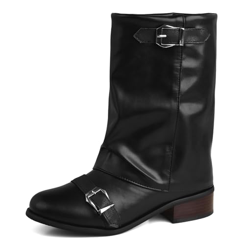 Lizoleor Tacco A Blocco Con Risvolto Punta Rotonda Retrò Donna Mid Boots Tacco Medio Fibbia Retrò Senza Chiusura Concise Stivali Arricciati Nero Numero 36 Eu