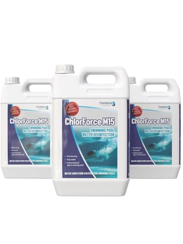 ChlorForce M15 Liquid Swimming Pool Chlorine Sodium Hypochlorite Effective Water Sanitiser & Algae Control Pool Shock Treatment 4 x 5 Litres (20L)