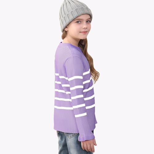 Image of OEBLD Girl's Striped Knit Oversized Fall Sweaters Fashion Long Sleeve Crewneck Pullover Sweater Trendy Tops