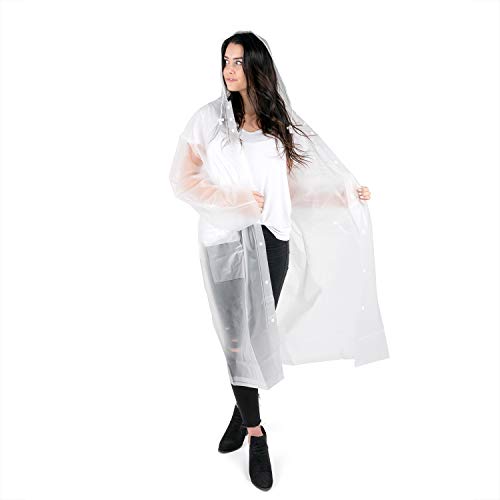 Portable Rain Poncho, Unisex Rain Jacket Hood and Pockets - White