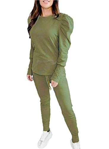 Survêtement pour femme ensemble 2 pièces à volants et manches bouffantes kaki