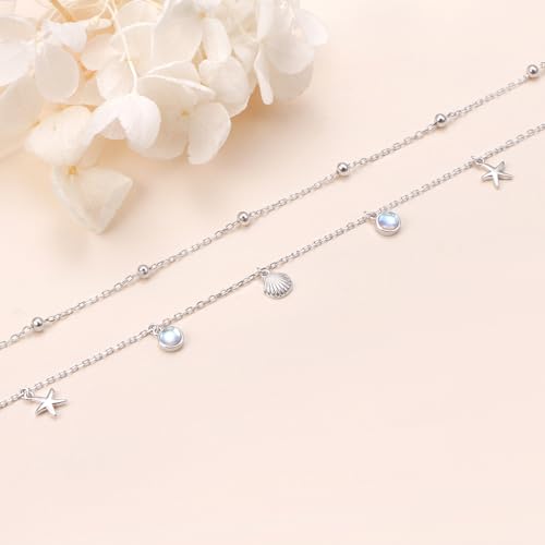 Image of Ladytree S925 Sterling Silver Boho Beach Double Layer Anklets Bracelet for Women Adjustable 9 to 11 inches