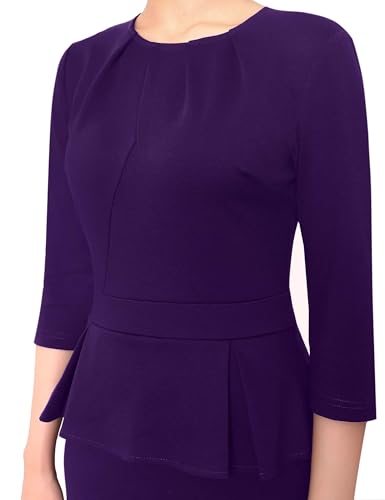 Image of VFSHOW Womens Pleated Crew Neck Peplum Slim Work Business Dress Elegant 3 /4 Sleeves Office Church Bodycon Pencil Sheath Dress