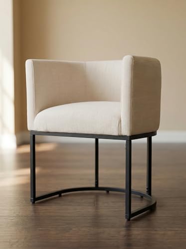 Image of HNY Mid Century Modern Upholstered Barrel Dining Chairs with Arms, Linen Kitchen & Dining Room Chairs, 18.5 inch Wide Accent Chairs for Dining Room Living Room with Black Metal Frame, Cream