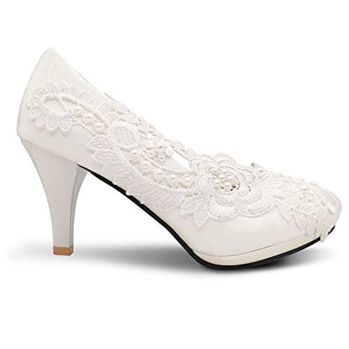 3” Lace Wedding Round Toe Bridal High Heel Wedding Party Shoes Women Gift White
