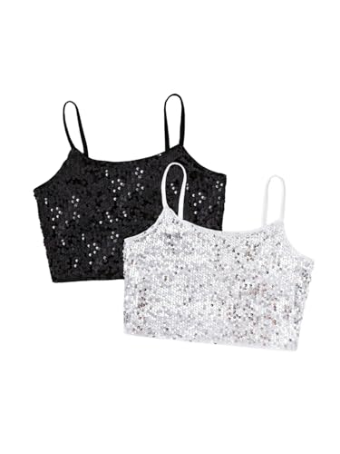 SHENHE Girl's 2 Pack Sparkly Sequin Top Spaghetti Strap Shiny Stage Party Crop Tank Camisole
