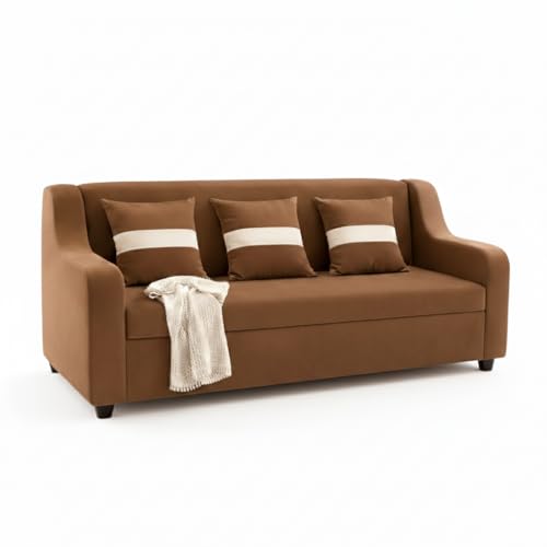 Image of KENDALWOOD Furniture 3 Seater Fabric Curve Handle Sofa for Living Room Furniture | 3 Seater Sofa for Home & Office | Fabric Color:- Brown